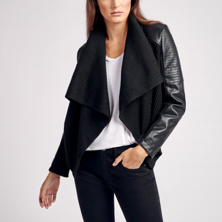 Faux Leather And Knit Drape Jacket In Black Wantable