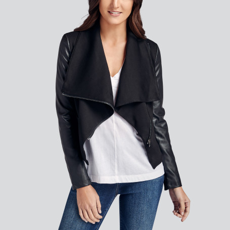 Jersey And Faux Leather Envelope Collar Jacket In Black Wantable