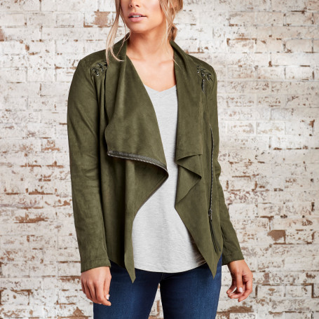 Braided Faux Suede Drape Jacket In Olive Wantable