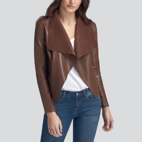 Faux Leather Draped Jacket In Mahogany Wantable