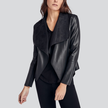 Draped Faux Leather Jacket In Black Wantable